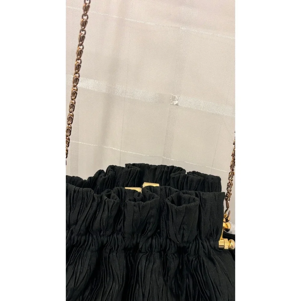 Vintage Vanessa Paris Black Pleated Evening Bag Gold Chain Kiss Lock Pouch Purse
